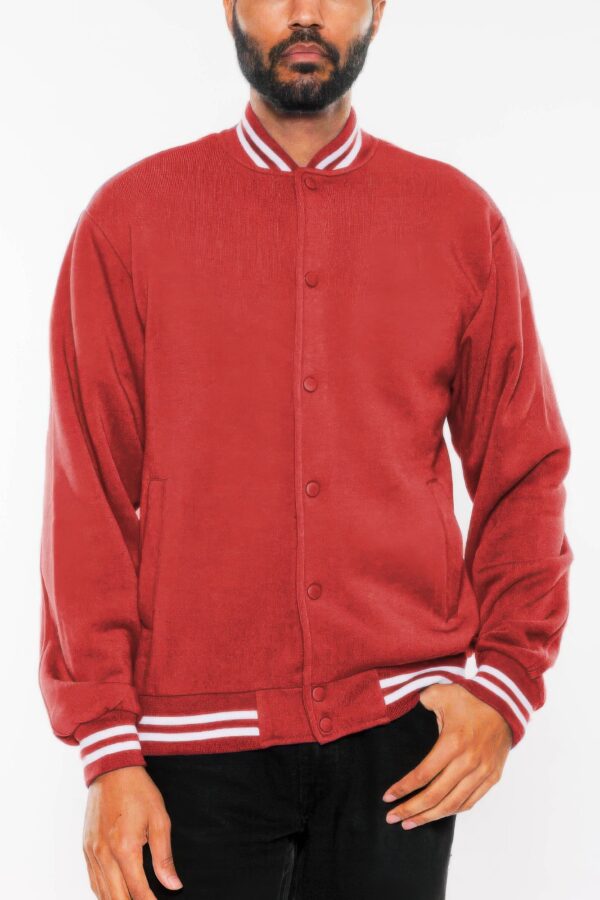 Men’s Fleece Varsity Jacket – Snap Button, Striped Trim
