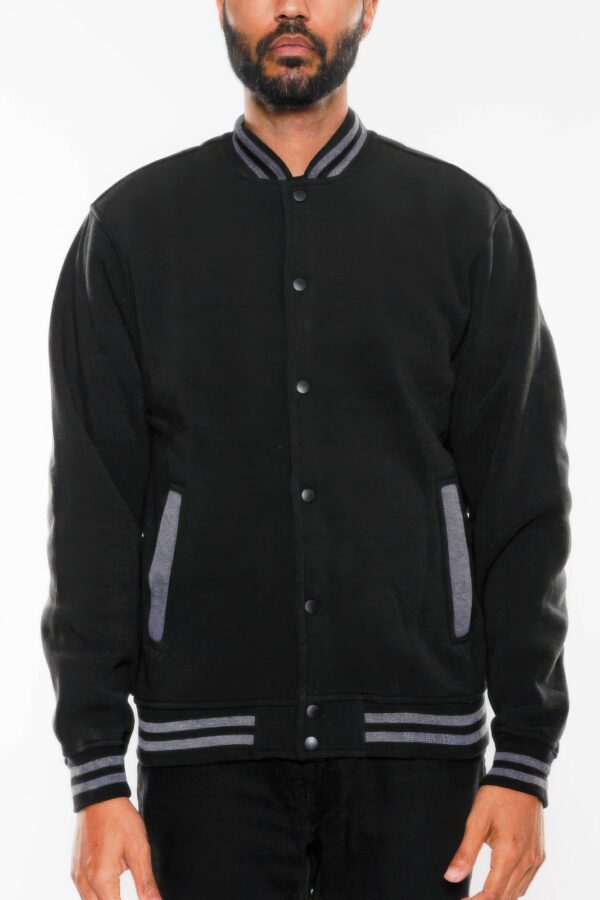 Men’s Fleece Varsity Jacket – Snap Button, Striped Trim