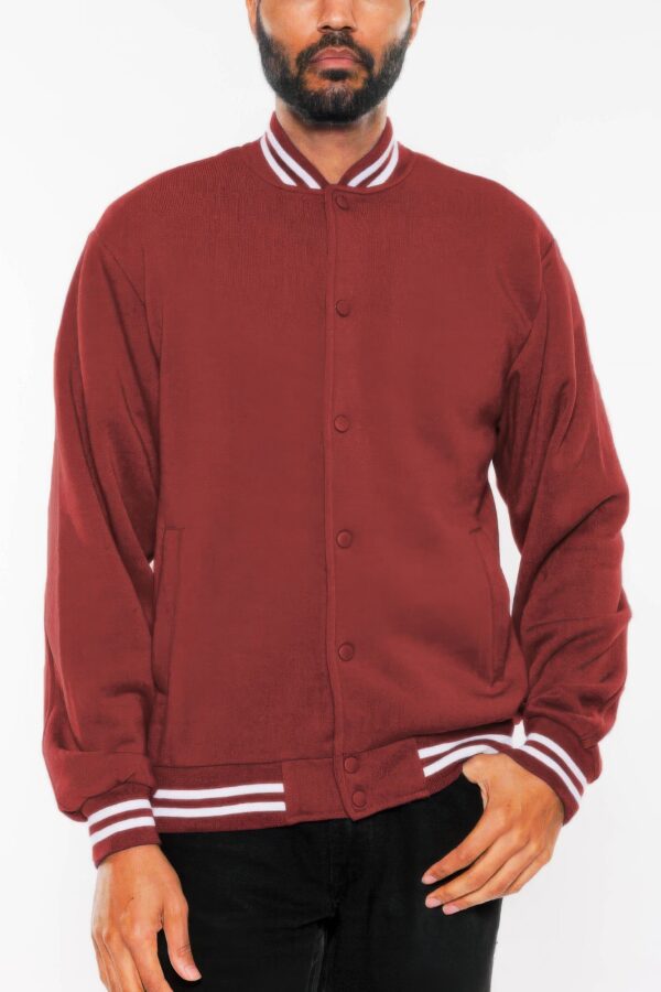 Men’s Fleece Varsity Jacket – Snap Button, Striped Trim