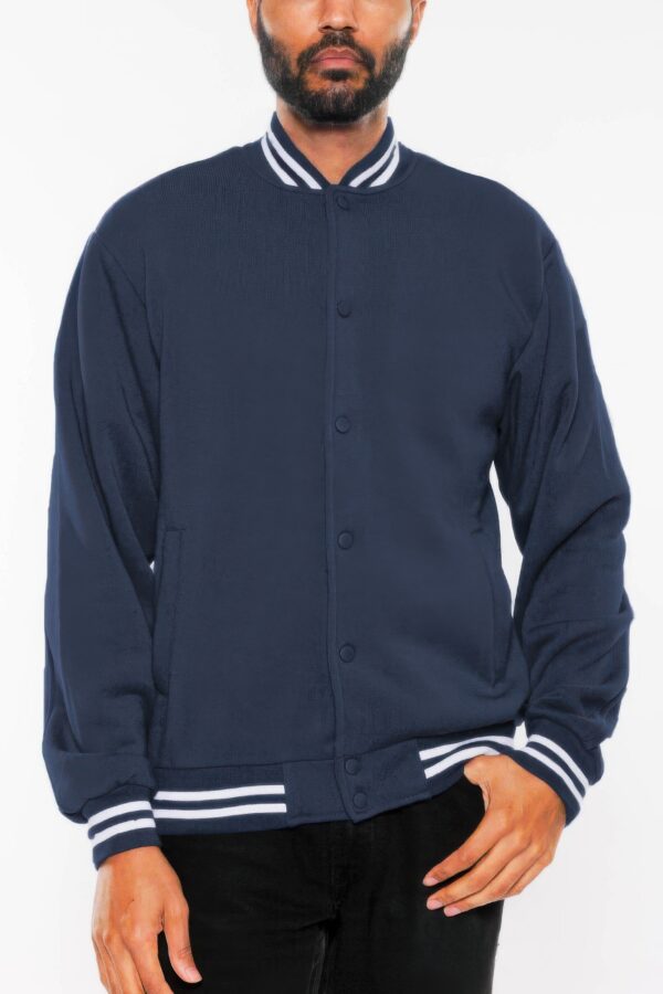 Men’s Fleece Varsity Jacket – Snap Button, Striped Trim