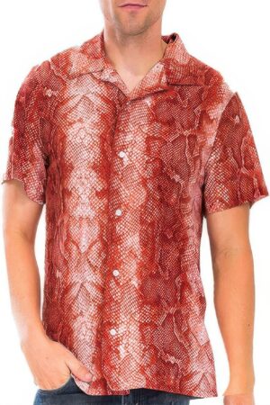 Short-Sleeve Snake-Print Button-Down Shirt – Red