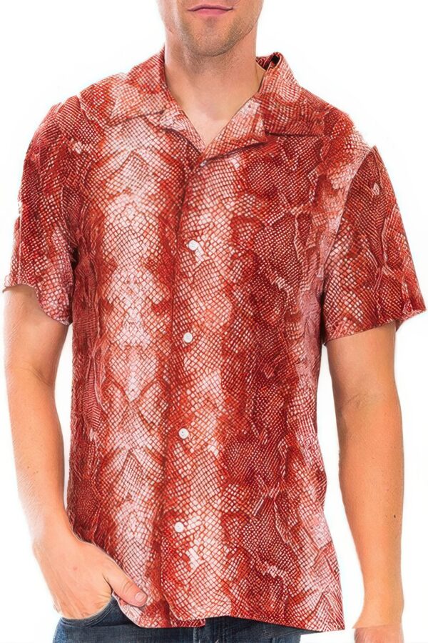 Short-Sleeve Snake-Print Button-Down Shirt – Red