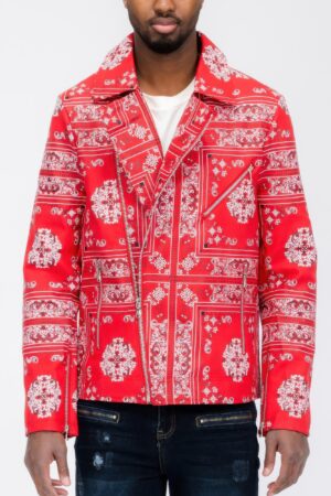 Men’s Bandana-Print Vegan Leather Jacket with Dual Zips