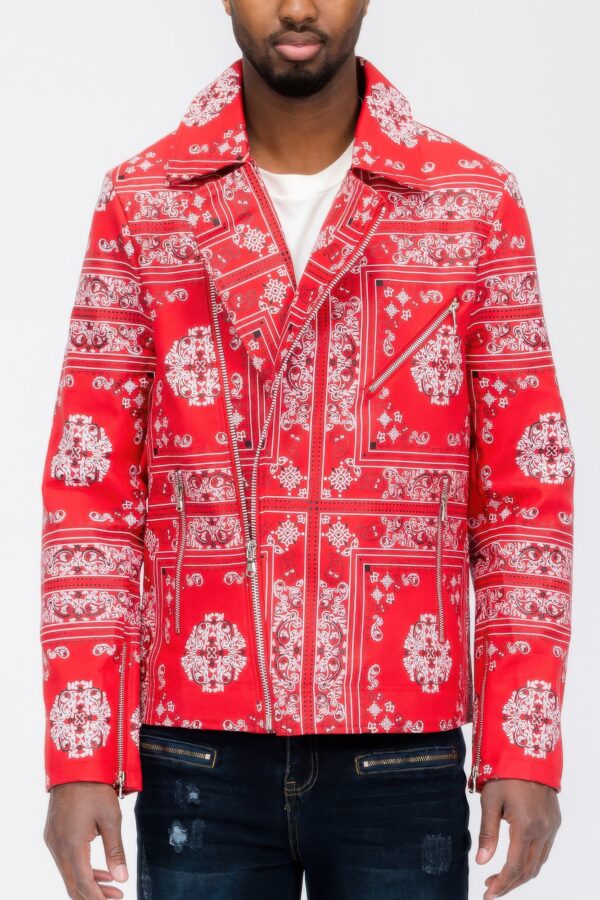 Men’s Bandana-Print Vegan Leather Jacket with Dual Zips
