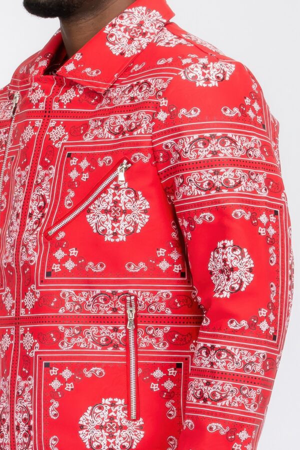 Men’s Bandana-Print Vegan Leather Jacket with Dual Zips