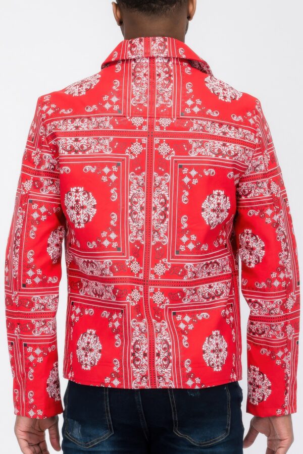 Men’s Bandana-Print Vegan Leather Jacket with Dual Zips