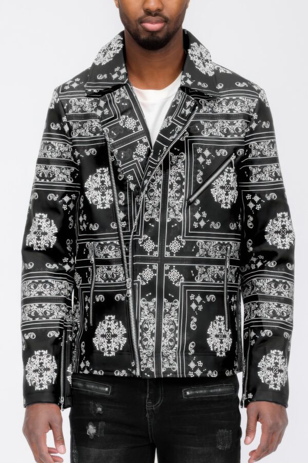 Men’s Bandana-Print Vegan Leather Jacket with Dual Zips