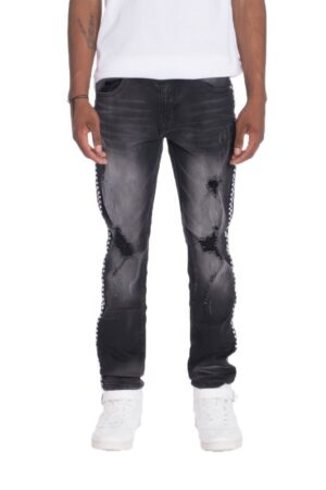 Distressed Denim Pants with Checkered Tape