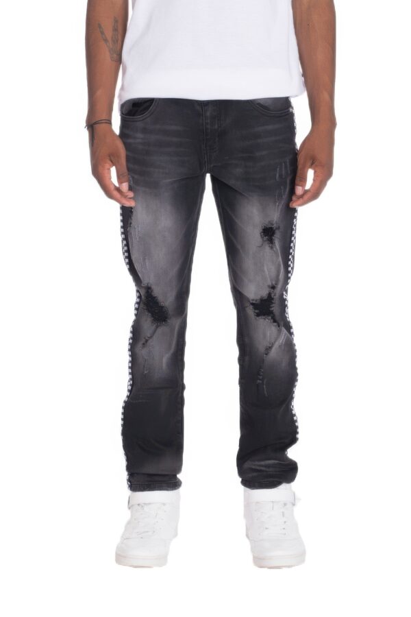 Distressed Denim Pants with Checkered Tape