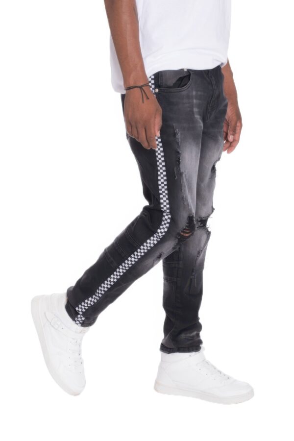 Distressed Denim Pants with Checkered Tape