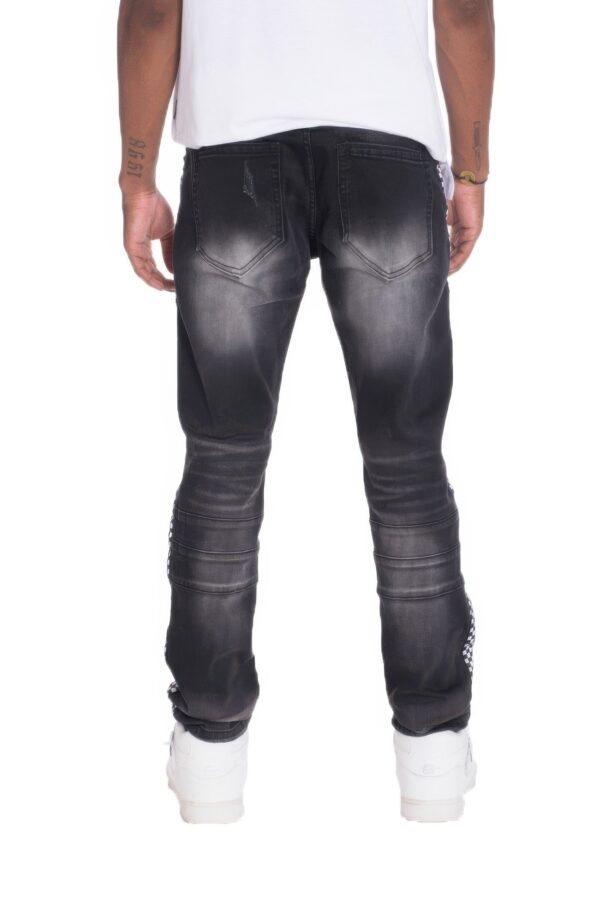 Distressed Denim Pants with Checkered Tape
