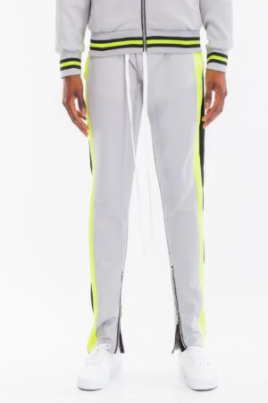 Dual-Stripe Track Pants with Ankle Zips – Grey, Olive