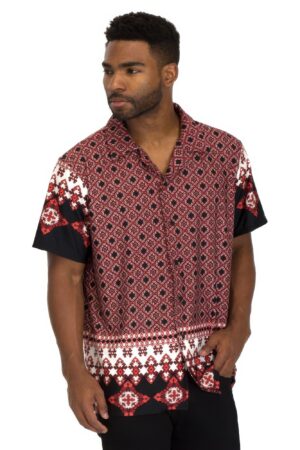 Men’s Cuban Collar Button-Down Shirt – Red & Black Print
