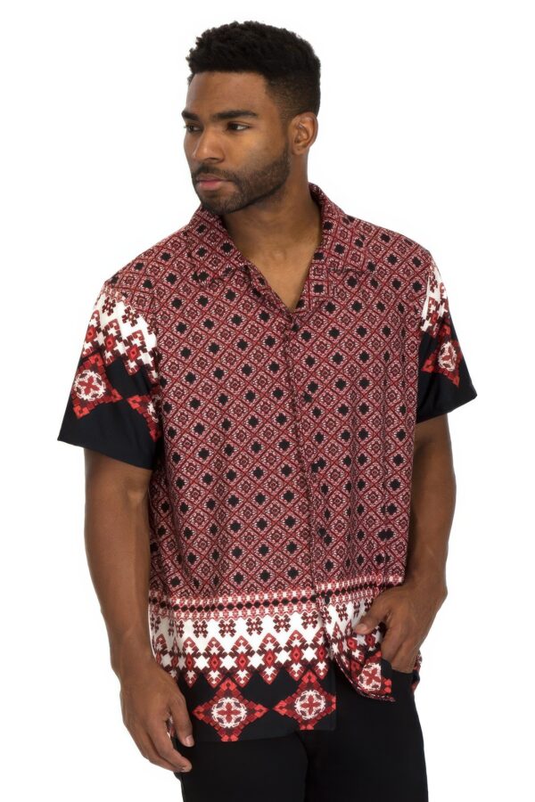 Men’s Cuban Collar Button-Down Shirt – Red & Black Print