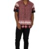 Men’s Cuban Collar Button-Down Shirt – Red & Black Print