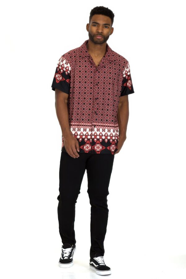 Men’s Cuban Collar Button-Down Shirt – Red & Black Print