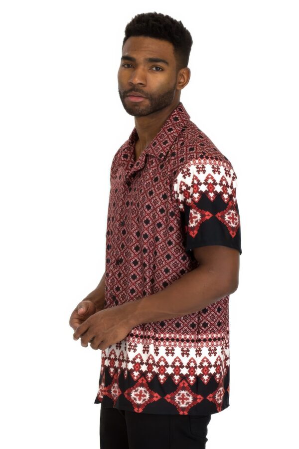 Men’s Cuban Collar Button-Down Shirt – Red & Black Print