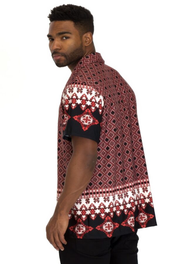 Men’s Cuban Collar Button-Down Shirt – Red & Black Print