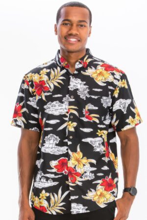 Men’s Hawaiian Print Button-Down Shirt – Black