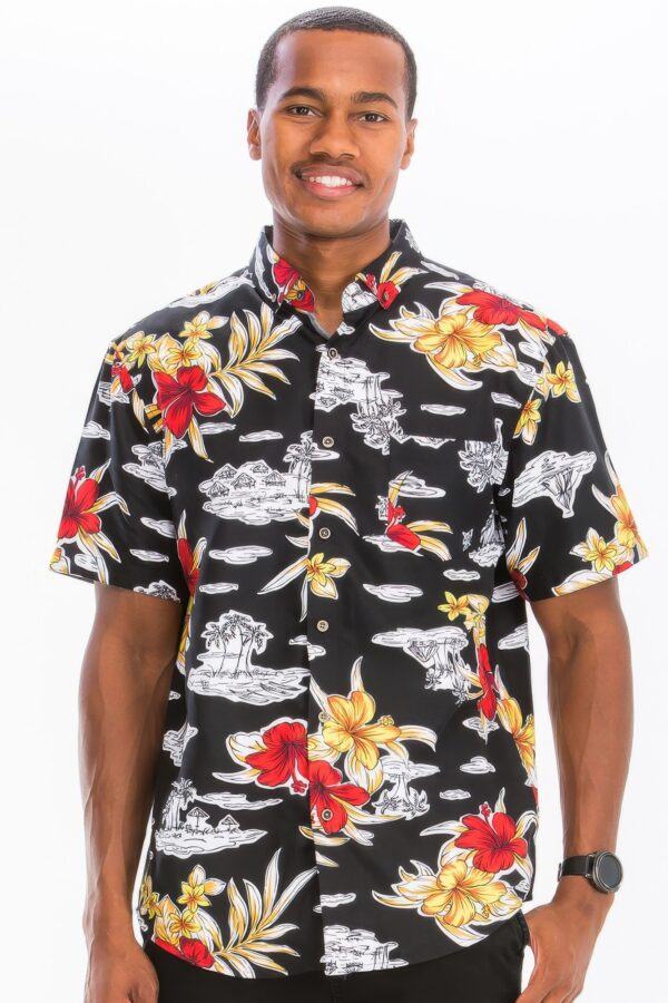 Men’s Hawaiian Print Button-Down Shirt – Black