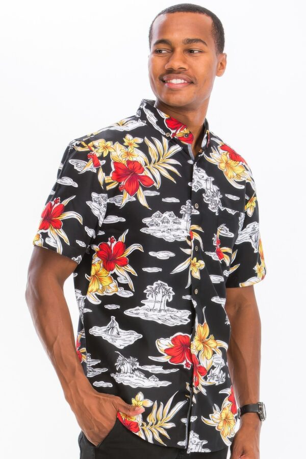 Men’s Hawaiian Print Button-Down Shirt – Black