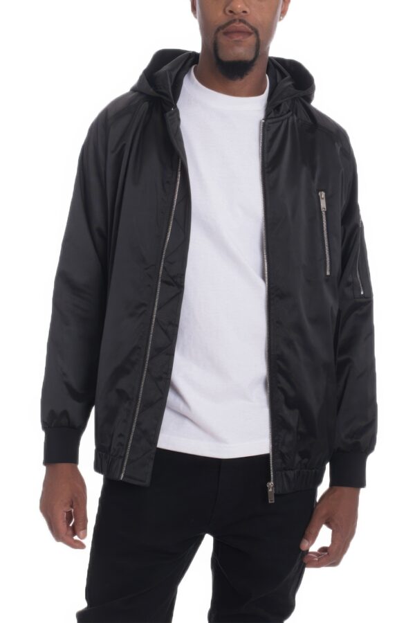 Satin Full-Zip Hooded Windbreaker with Utility Pockets