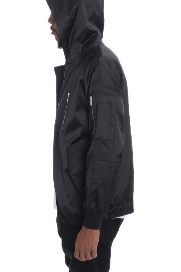 Satin Full-Zip Hooded Windbreaker with Utility Pockets