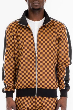 Men’s Checkered Full-Zip Jacket with Side Piping – Brown or Grey