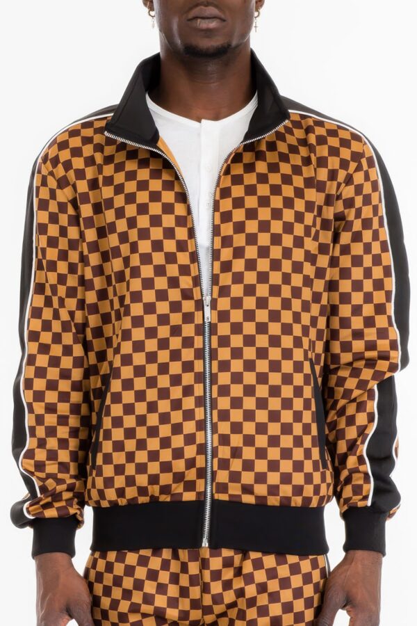 Men’s Checkered Full-Zip Jacket with Side Piping – Brown or Grey