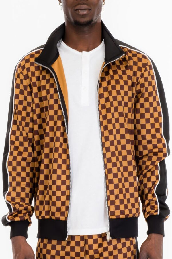 Men’s Checkered Full-Zip Jacket with Side Piping – Brown or Grey