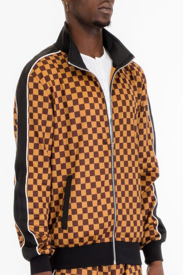Men’s Checkered Full-Zip Jacket with Side Piping – Brown or Grey