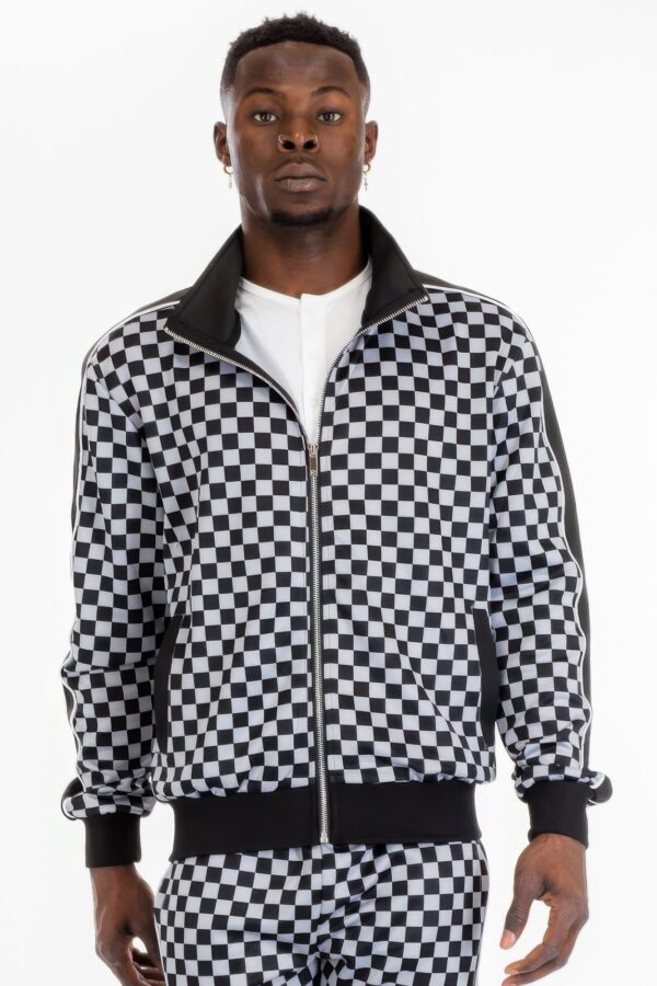 Men’s Checkered Full-Zip Jacket with Side Piping – Brown or Grey