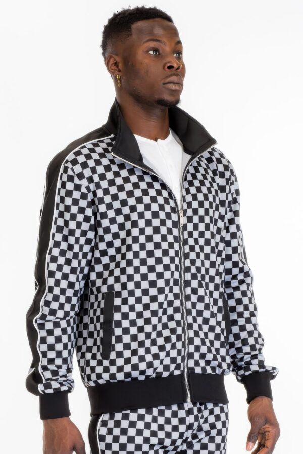 Men’s Checkered Full-Zip Jacket with Side Piping – Brown or Grey