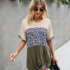 Crew Neck Animal Print Top with Colorblock