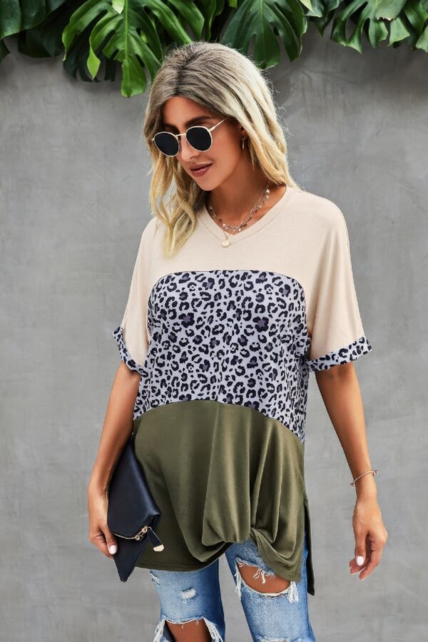 Crew Neck Animal Print Top with Colorblock