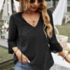 Swiss Dot Lace V-Neck Blouse with Spliced Sleeves