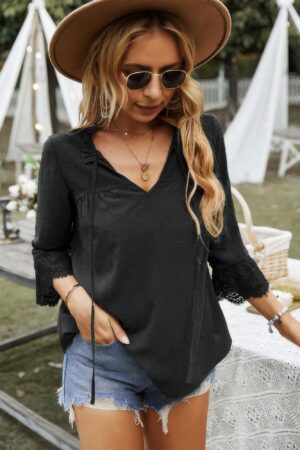 Swiss Dot Lace V-Neck Blouse with Spliced Sleeves