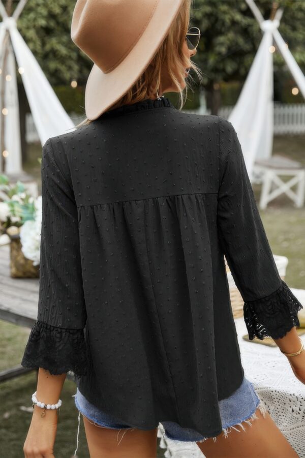 Swiss Dot Lace V-Neck Blouse with Spliced Sleeves