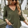 Swiss Dot Lace V-Neck Blouse with Spliced Sleeves