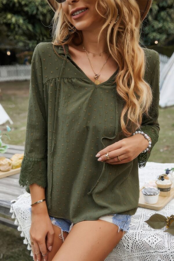 Swiss Dot Lace V-Neck Blouse with Spliced Sleeves