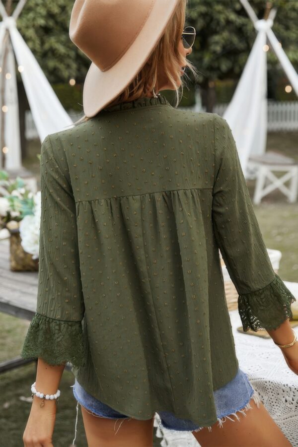 Swiss Dot Lace V-Neck Blouse with Spliced Sleeves