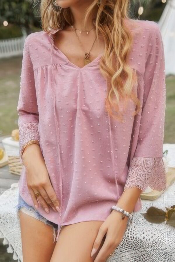 Swiss Dot Lace V-Neck Blouse with Spliced Sleeves