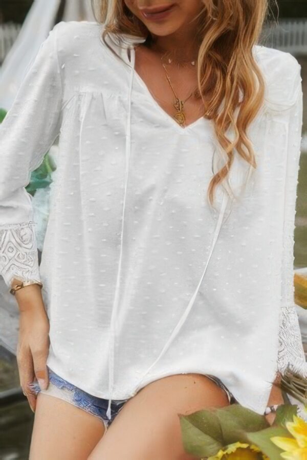 Swiss Dot Lace V-Neck Blouse with Spliced Sleeves