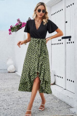 Cross Colorblock Lace V-Neck Belted Dress