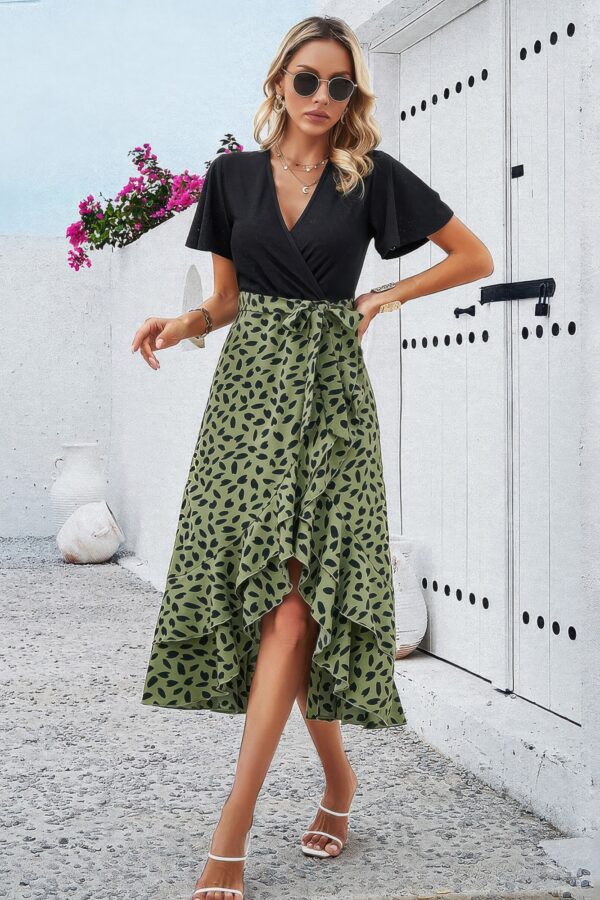 Cross Colorblock Lace V-Neck Belted Dress