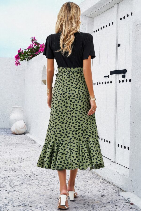 Cross Colorblock Lace V-Neck Belted Dress