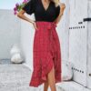 Cross Colorblock Lace V-Neck Belted Dress