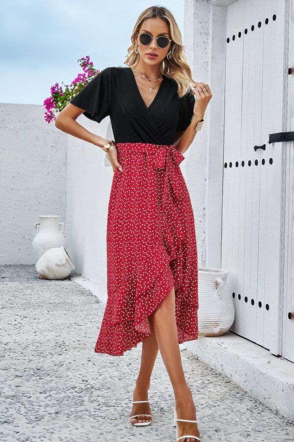 Cross Colorblock Lace V-Neck Belted Dress