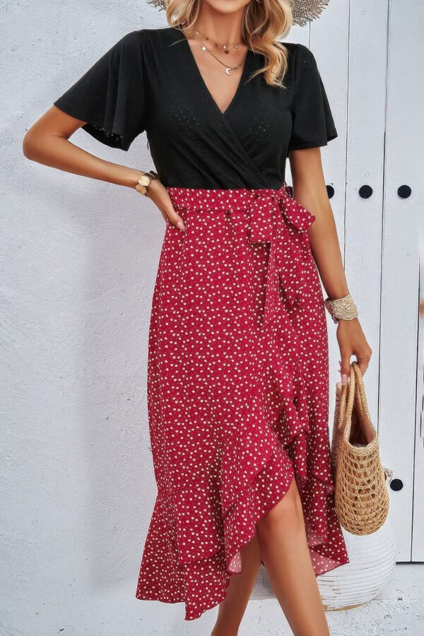 Cross Colorblock Lace V-Neck Belted Dress