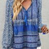 Tie-Neck Boho Floral Tunic Top – Long Sleeve
